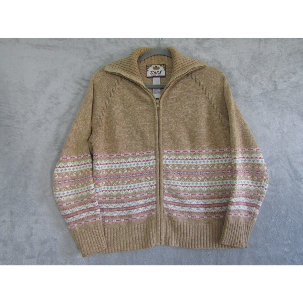 Tiara International Vintage Fair Isle Zip Up Sweater L Cardigan Boho Cottagecore